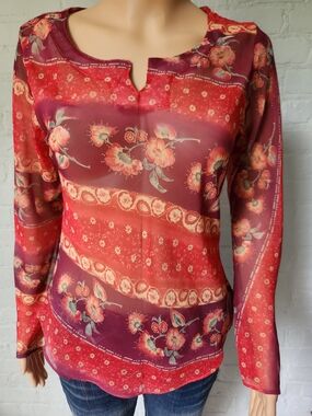 Floral Red & Burgundy Long Sleeve Boho Blouse